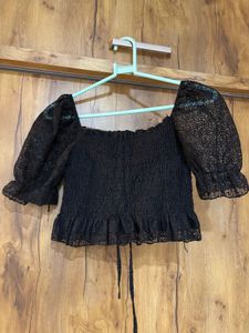 Black Smocked Lace Crop Top in