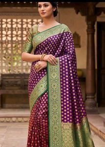 Purple & Green Banarasi Silk Saree With Zari