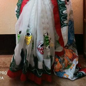 Hand printing White jamdani Saree with Colorful Mo