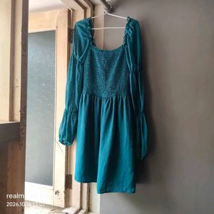 Chic Teal Smocked Square Neck Dress