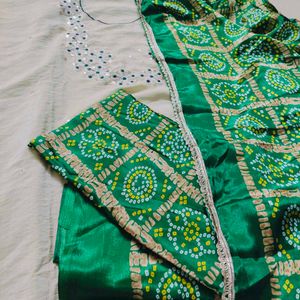 Elegant Cream  dress material with Green Bandhani