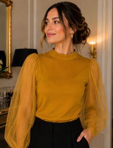 Mustard Yellow Tulle Sleeve Top