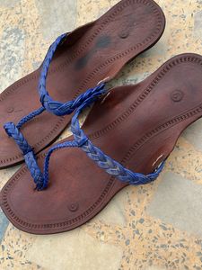 Brown Leather Sandals with Blue Braided Straps