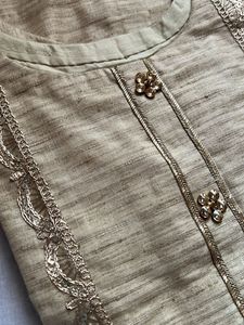 khadi silk Beige Kurta Set with Yellow Dupatta