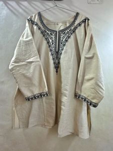 Embroidered Beige Cotton Kurta