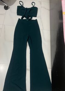high waist Chic Green Crop Top &amp; Flared Pants Set