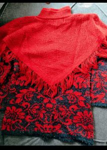 Red Floral Fringe Poncho Sweater