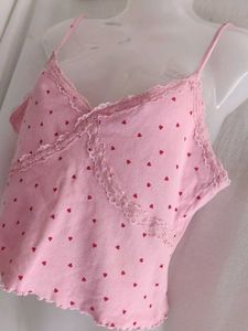 New look Pink Heart Print Lace Trim Cami Top