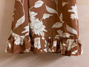 Brown And White Floral Print Tie Up Neck Dress
