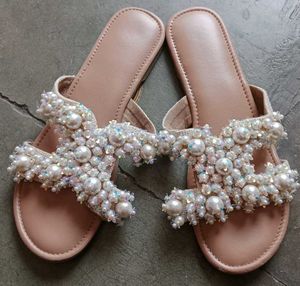 Women's Embellished Pearl Slides/Flats