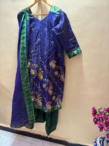 Royal Blue Pakistani Dress with Green Accents