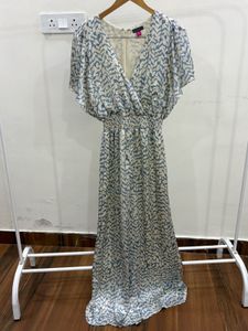 Abstract Silver Print Flutter Sleeve Midi Dress