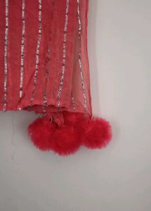 Pink Dupatta with Silver Stripes