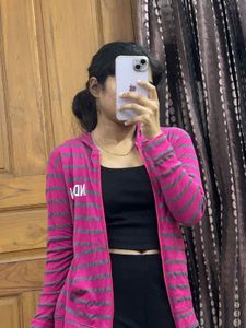 Pink &amp; Grey Striped Hoodie Jacket