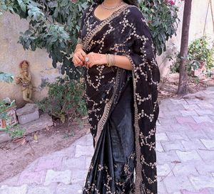 Elegant Black partywear Saree with roseGold Embroi