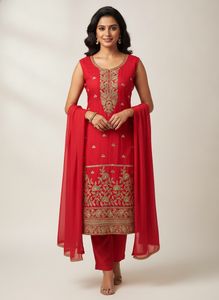 Red Embroidered Kurta Set