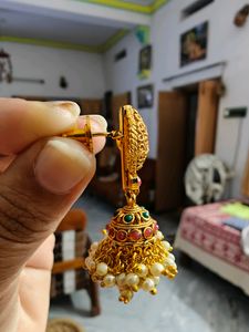Gold Jhumka Earrings with Pearls