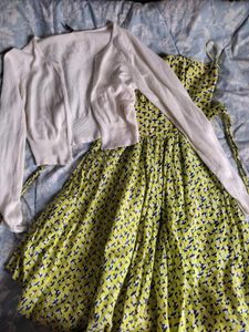 Yellow Print Dress with White Cardigan