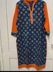Navy & Orange Floral Print Kurta