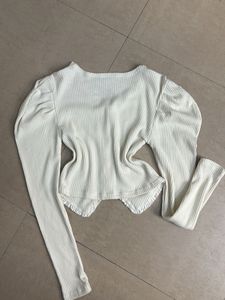 Cream Ribbed Long Sleeve Top