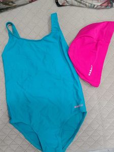 Nabaiji Blue One Piece Swimsuit & Pink Cap