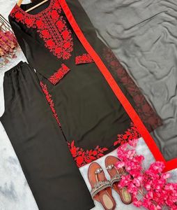 Black &amp; Red Embroidered Kurta Set