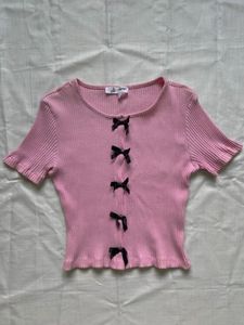 Cute Pink Ribbed Top with Bows