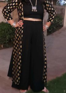 Black &amp; Gold Printed Crop Top Set with plazzo