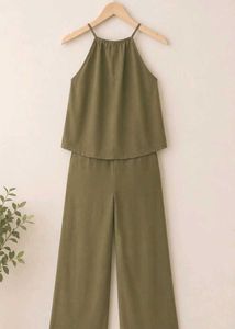 Light Olive Green Halter Neck Wide Leg Pants Set