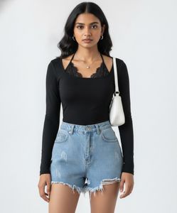 SAVANA LACE TRIMMED BLACK LONG SLEEVE TOP