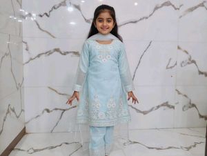 Girls' Light Blue Embroidered Salwar Kameez