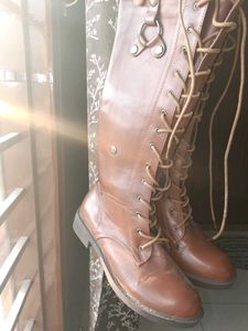 Brown Lace-Up Knee-High Boots