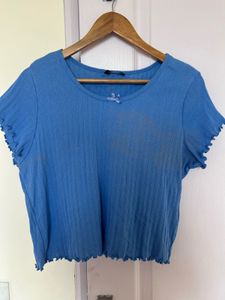 Blue Ribbed Crop Top with Bow Detail