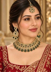 Exquisite Emerald & Gold Kundan Jewellery Set