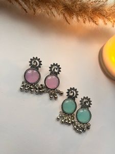 Peacock Design Earrings - Pink &amp; Teal