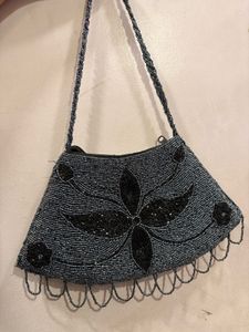 Gunmetal Floral Beaded Fringe Shoulder Bag.