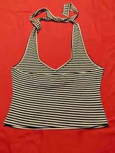 Black &amp; White Striped Halter Crop Top