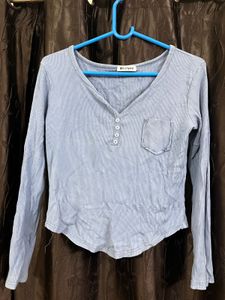 Blue Ribbed Long Sleeve V-Neck Top