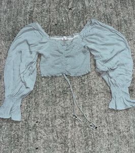 light blue off the shoulder long sleeve crop top