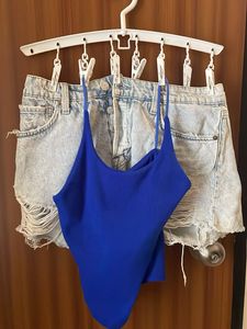 Distressed Denim Shorts &amp; Blue Tank Top Set