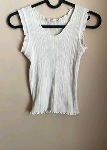 White Ribbed Lettuce Hem Tank Top