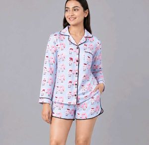 Women Blue & Pink Donut Coffee Printed Night Suit