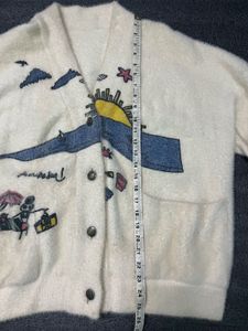 Vintage Cream Fuzzy Graphic Cardigan Sweater