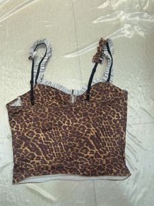Leopard Print Ruffle Trim Crop Top