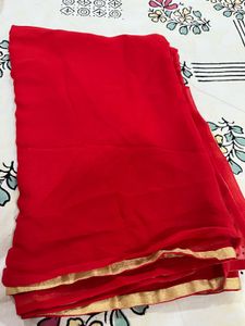 Vibrant Red Saree with Golden Border