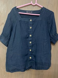Dark Blue Square Neck Button-Up Top