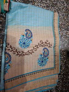 Embroidered Saree with Blue Floral Motifs