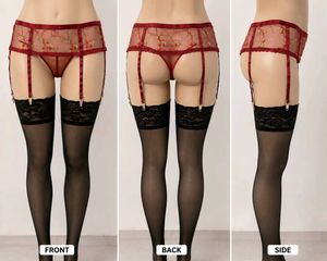 Burgundy Embroidered Garter Belt & Stocking(1400)