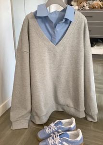 V-Neck Grey Sweatshirt with Blue Shirt Insert