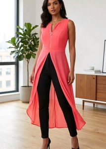 Coral Zip-Up Top & Black Jeans Set